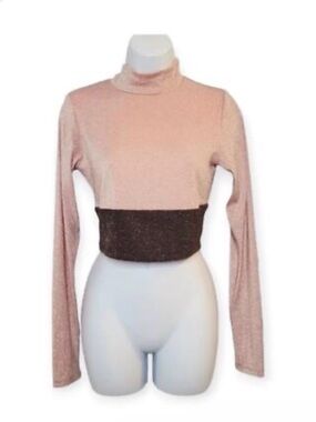 naked wardrobe Pink Cropped Mock Neck Top with Brown Waistband